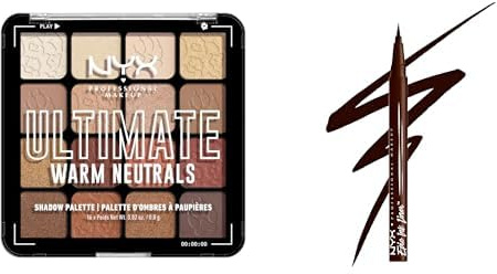 NYX Professional Makeup Lidschattenpalette, 16 Farbtöne, Intensives, langanhaltendes Finish, Ultimate Shadow, Farbton: Warm Neutrals + Epic Ink Liner S’Mores Milk Chocolate flüssiger Eyeliner, 1 Stk