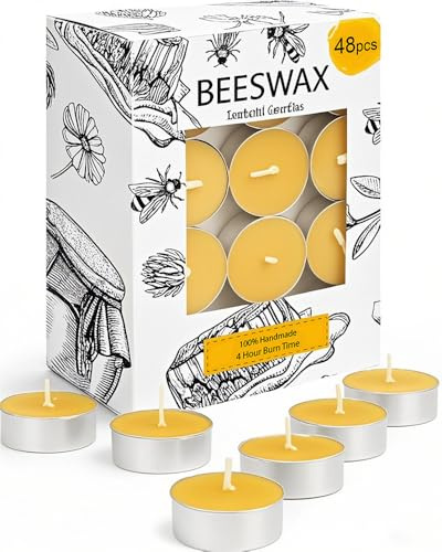 48 Pack Beeswax Tea Candles in Aluminum Cup, 4 Hours Burn Time, Natural Beeswax Tealight Candles for Gift Choice, Home Decor, Air Purification, Honey Scent Pure Bees Wax Tea Lights