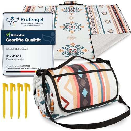 HAUSPROFI Picknickdecke Boho 200x200cm, wasserdicht & isoliert - XXL Outdoor Decke für Picknick, Strand, Garten. Campingdecke mit Baumwolle gepolstert, Inkl. Tragegriff & Heringe, Waschbar