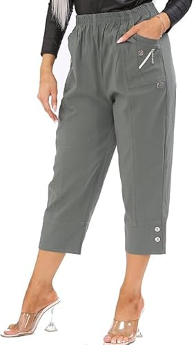 Cherry Berry Capri Pantalon 3/4 pour femme en coton élastique stretch Pantalon court d'été décontracté léger avec poches 38-52 EU, kaki, 42