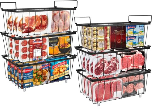 Gefrierschrank Organizer 6er Set: Stapelbar Gefrierkörbe mit Griffen | 2.8mm Stahldraht, Anti-Rutsch Boden & Schnellgefrieren für 5-7 Cu.Ft Kühlschrank (37x18x14.5cm)