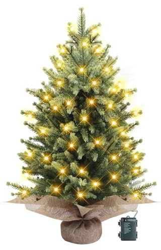 MaxEarn 2ft/60cm Mini Christmas Tree with Lights, PE Realistic Artificial Tabletop Christmas Tree with 100 Branches Tips, Burlap Bag Base, 8 Light Modes, Desktop Xmas Trees for Home Office Decor