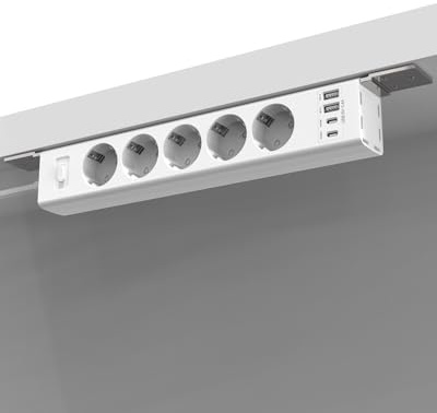 Vipwell Regleta para Montaje bajo Mesa con protección contra sobretensiones, Enchufe múltiple conmutable Individualmente, 5 enchufes con 2 USB A y 2 Type-C (PD 20 W), Cable de 2 m (Blanco)