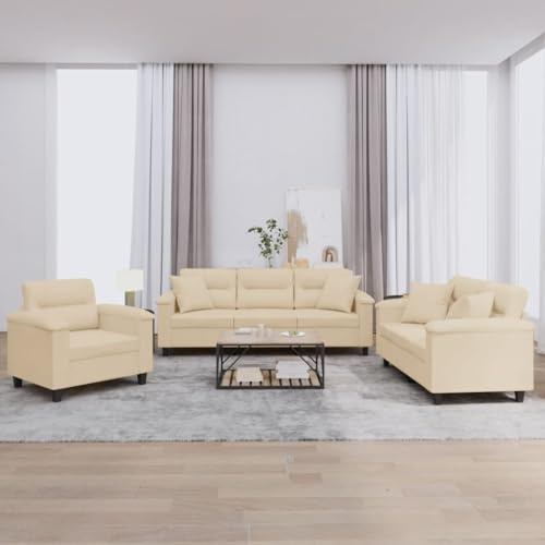 QJBSAVVA 3-TLG. Sofagarnitur Creme Mikrofasergewebe mit Kissen Bequemes Sofa Set für Wohnzimmer Balkon und Esszimmer Robustes Gestell und Einfache Reinigung