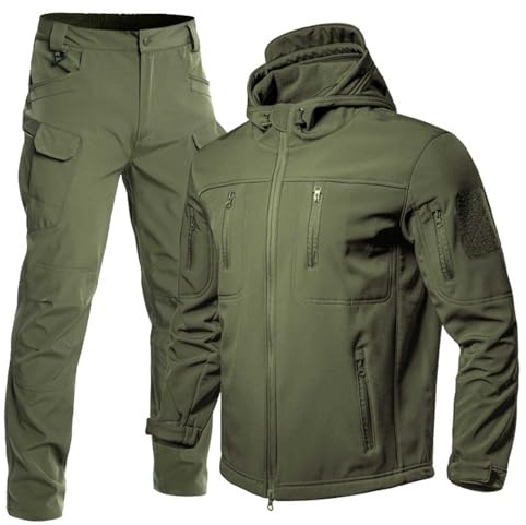 Generisch Set giacca da uomo con cappuccio, giacca da trekking e pantaloni da lavoro, set da due pezzi, tuta sportiva in tinta unita, tattica, invernale, in pile caldo