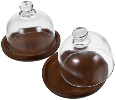 INOOMP 2pcs Acacia Wood Glass Cover Plate Cake Tray Decorative Serving Plate Dome for Dining Rustic Fruit Serving Dish Reusable Dessert Platter Lid for Cupcakes Muffins