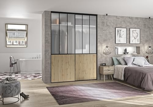 OPTIMUM 2 Portes de Placard coulissantes, Hauteur 250 cm, Largeur 150 cm, décor Atelier Noir, soubassement chêne Authentique, Verre dépoli Blanc, profils et Rails Noir Inclus