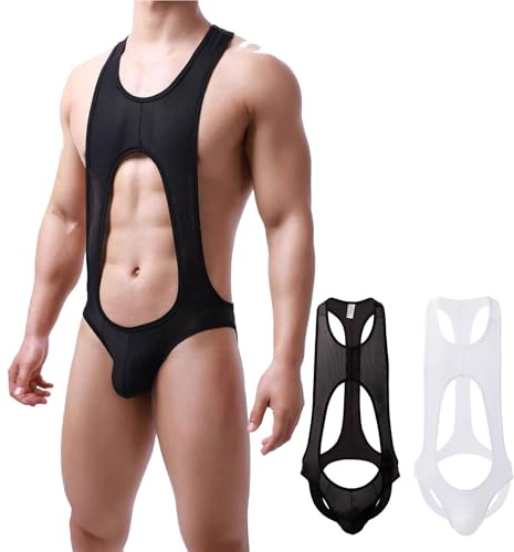 BLESO 2 Pack Mens Wrestling Singlet Thong Bodysuit Cutout One Piece Leotard Mesh Breathable Lingerie for Men