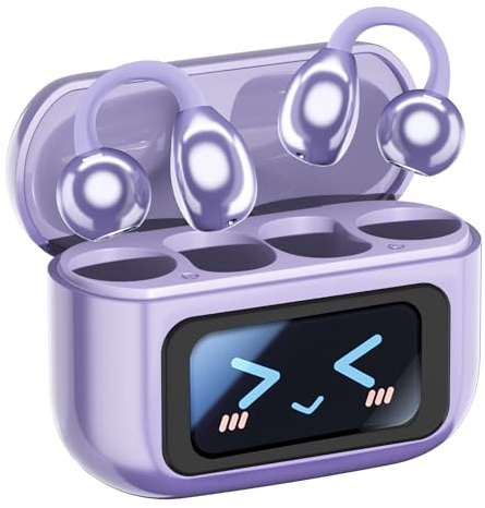 Weinsamkeit Cuffie open ear, clip on auricolari, clip on con suono impressionante, senza fili, Bluetooth 5.4 con touch screen intelligente, 60 ore Wireless Earbuds per fitness, corsa, ufficio (viola)
