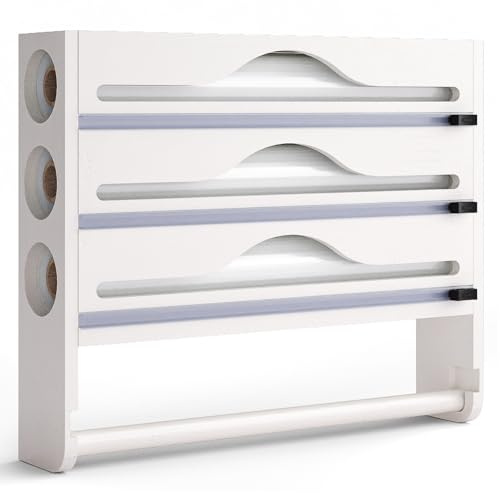 Dispenser Pellicola Cucina 3 in 1, porta rotoli alluminio e pellicola, Supporto a Parete o da Cassetto per Pellicola Trasparente, Alluminio e Carta Forno, Organizzatore Cucina Compatto