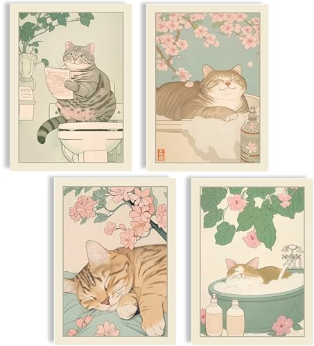 mojoliving Katzen Poster Set 4er Set Wandbilder japanischer Stil A4 Kunstdrucke mit Blumen Bad und schlafenden Katzen Wanddeko Wohnzimmer Schlafzimmer Bad Café Deko