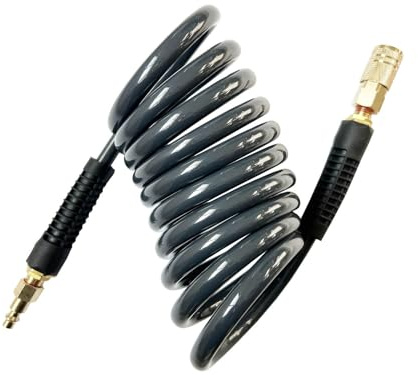 SANFU (PU) Polyurethane Recoil Air Hose 3/8”ID(8.2x 12mm) x 10ft, Flexible, Professional 145PSI With Reassembled Brass Quick Coupler and Plug, Grey(10')