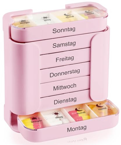 Tablettenbox 7 Tage 4 Fächer Morgens Mittags Abends Nacht - XL Große Kapazität Pillendose 7 Tage für Vitamine & Fischöl - Medikamentendosierer Wochendosierer, Rosa