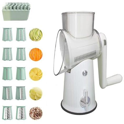 Picador de alimentos, 5 en 1 multifuncional con manivela giratoria, rallador de queso, cortador de verduras, cuchillas de acero inoxidable reemplazables, cortador y triturador para cocina