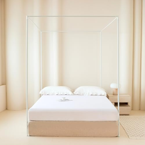 Potaosey Weiß Himmelbett Gestell B150 x L200 x H200 cm Vier Poster Bettrahmen Aus Metall Betthimmel Rahmen Vier Eckbett Betthimmel Rahmen Für EIN renoviert für die Wohnung