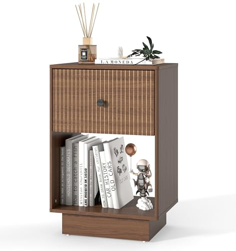 Table de Chevet, Moderne Table de Nuit Bois avec Tiroirs de Rangement et Compartiment Ouvert, Scandinave Table d'appoint pour chambre à Coucher, Salon, Burea, Petite Table de Chevet Haut (Noyer)