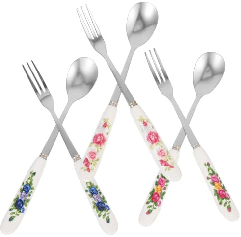SUPVOX Juego de 6 Cucharas y Tenedores de Postre para Aperitivos, Acero Inoxidable Mango de Cerámica, Reutilizables y Resistentes para Fiestas y Uso en Hogar o Restaurante