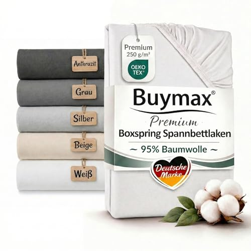 Buymax Boxspringbett Spannbettlaken 140x200 bis 160x220 cm Weiß – Premium Jersey 250 g/m² – 95% Baumwolle 5% Elastan – bis 35 cm Matratzenhöhe
