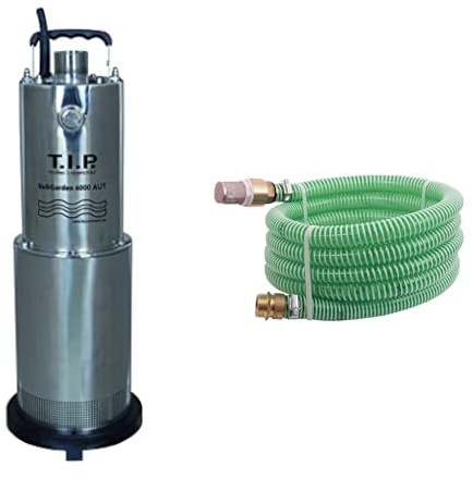 T.I.P. Subgarden 6000 AUT Edelstahl Zisternen Tauchdruckpumpe 6000l/h 43m 4,3bar 1200W Automatik Garten Hauswasserautomat 30137 + Saugschlauchgarnitur 7m Messing knickfest Fußventil für Gartenpumpen