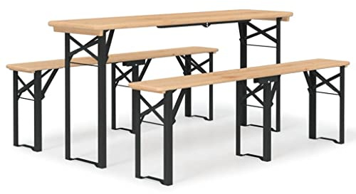 HFXHIJXQ Set di 3 tavoli da birra, pieghevoli, in legno massiccio, 170 x 75 cm, stabile struttura in metallo verde scuro, pieghevole, salvaspazio, mobili da giardino per balcone, campeggio, picnic