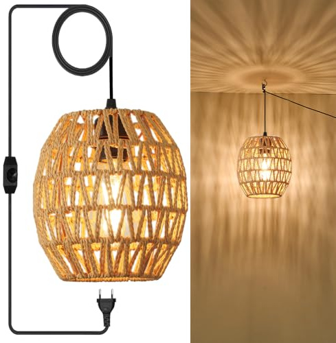 Vintage Hängelampe mit Stecker, Lampenschirm aus Hanfseil Hängelampe Outdoor, dimmbare Pendelleuchte mit E27 Fassung, Boho Deckenlampe mit 5,5m Kabel & Schalter für Schlafzimmer,Balkon,Terrasse