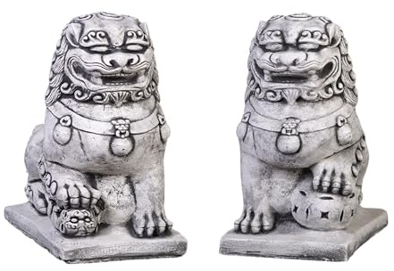 gartendekoparadies.de Chinesische Wächterlöwen Shishi Fu Hunde, Steinfigur aus Steinguss, H. 38 cm, jeweils 24 kg, Grau, Frostsicher für Außenbereich (Set Wächterlöwen)