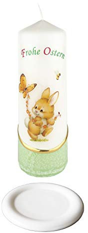 Meissner-Handel Auswahl * Osterkerze Stumpenkerze Osterdeko * 6 x 18 cm * inkl. Kerzenuntersetzer aus Keramik * mit farbigen Wachs- und Bildauflagen * Auswahl Motiv + Farbe * grün * (Motiv 003)