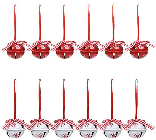 LEMESO Kit de Cloches et Grelots de Noël, Décoration pour Arbre de Noël, Ornements Pendentifs Jingle Bells Rouge et Blanc 12 pièces
