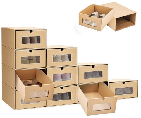 Youyijia 10PCS Shoe Storage Boxes Cardboard Shoe Boxes with Lids Shoe Containers Stackable Drawer Foldable Shoebox with Visible for Shoes File Dress or Toys Storage
