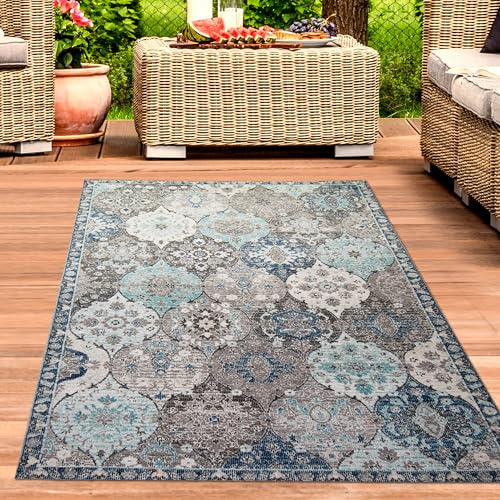 CARPETIA Outdoor Teppich Ornamentmuster Blau Grau Wetterfest 240x340 cm | Pflegeleicht, wetterfest, strapazierfähig und saugrobotergeeignet, OEKO-TEX geprüft, für Balkon, Terrasse & Essbereich