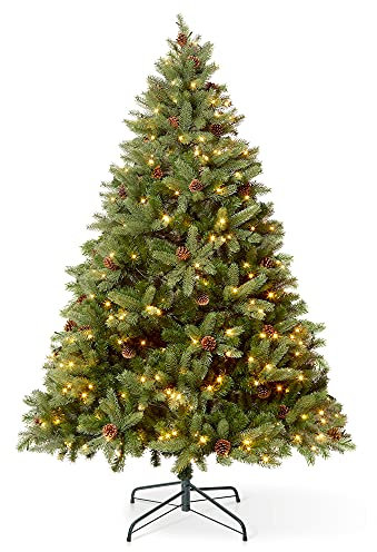 VeryMerry 7FT 'Ascot' Pre-Lit Christmas Tree with 400 Built-In Warm White LED Lights with Auto-Off Timer, 8 Lighting Modes and Real Decorative Pinecones