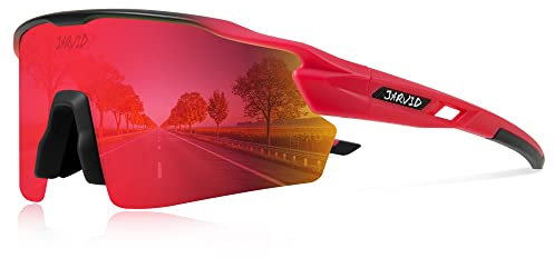 JARVID Polarisierte Fahrradbrille mit 4 Wechselgläsern Sportbrillen für Damen Herren Laufen Baseball Angeln Fahren JVD02 (Schwarz Rot/Rot)