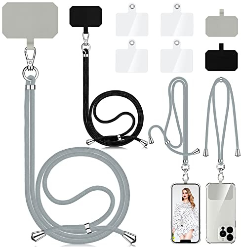 Aulese 2 Stück Handykette Universal, Unisex Einstellbares Handyband zum Umhängen, Handyschnur Schlüsselband mit 6 Pad Kompatibel mit Alle Smartphone, Handyhülle Kette Lanyard (Schwarz + Hellgrau)
