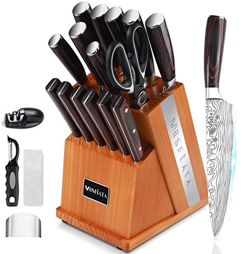 MOSFiATA Messerblock Set, 20pcs Küchenmesser Set Scharf und Schere, Profi Kochmesser Set, mit Fingerschutz, Messerschärfer und Geschenkboxen