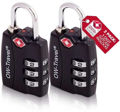 OW-Travel TSA-godkänd Kombinationslås med öppen varningsindikator (Svart 2-pack) 3-siffrig kod TSA Lås Godkänd Säkerhet Ryggsäck Hänglås Resväska, Lås, resväska lås, Gymskåp, Hänglås