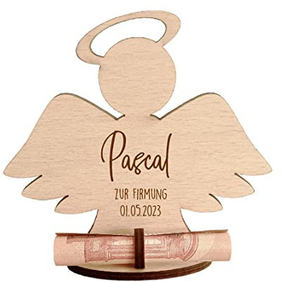 minimutz Personalisiertes Geldgeschenk Firmung | Gravierter Engel aus Holz zum Geld verschenken und verpacken mit Namen | Firmgeschenk für Kinder Mädchen Jungen
