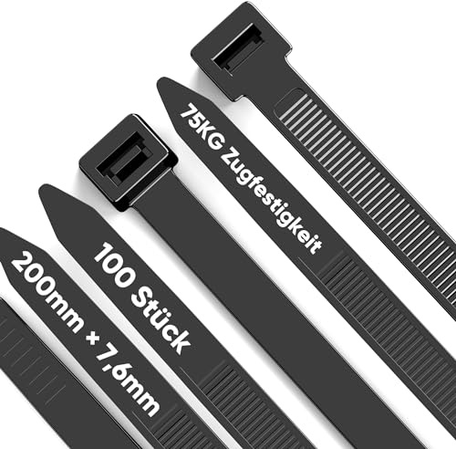 Highwings 100 Stück Kabelbinder Schwarz 200mm × 7,6mm | Kabelbinder UV-Beständig 75KG Zugfestigkeit ultra stark, Hitzebeständig für Kabelmanagement,Gartenarbeit,Werkstätten