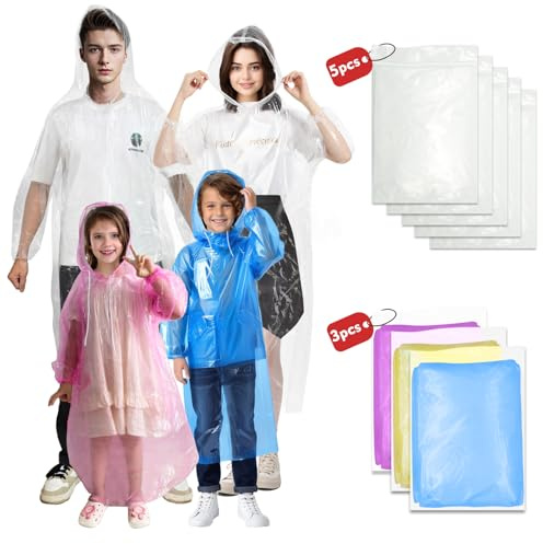 NVioAsport Ponchos familjepaket, (8-pack) regnponcho för vuxna och barn engångs- eller återanvändbara nödsituationer regnponchos