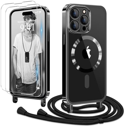Ethanger für iPhone 15 Pro Hülle mit Band + 2 Schutzfolie, Schwarz | Handyband Transparent Silikon Handyhülle, Magnetische Schutzhülle Case zum Umhängen Kordel