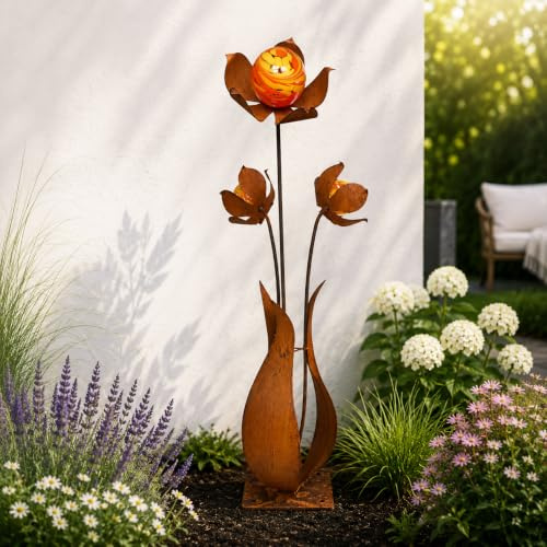 Terma XXL Blume Juna 110 cm mit Glaskugel Gartenstecker, Gartenfigur groß, Metallfigur Garten,