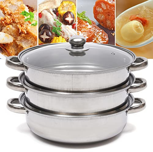 Vaporera de 3 capas, 28 cm, acero inoxidable, apilable, olla a presión, vaporizador para cocinar patatas, olla de cocción lenta para cocinas de inducción, con cubierta de cristal, duradera,