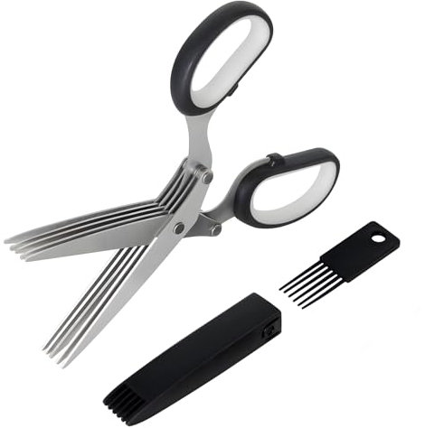 GEEKHOM Tijeras de Hierbas - Tijeras de Cocina de Acero Inoxidable, 5 Hojas para Cortar Verduras, Hierbas y Rosmarino, Tijeras de Cocina Afiladas con Funda y Cepillo de Limpieza, Negro