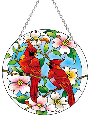 ANFURI Cardinal Stained Glass Suncatcher, 6 inch Real Glass Window Hanging with Hook & Chain, Gift-Boxed Red Bird Decor for Mother's Day and Christmas