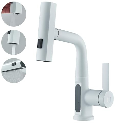 JUNSHENG Miscelatore da Cucina con Doccetta Estraibile, Indicatore di Temperatura a LED, Monocomando Girevole a 360° (Bianco)