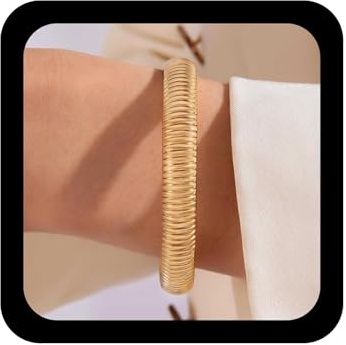 Wendalern Gold Chunky Bangle Stretchy Snake Chain Bracelet Wide Flexible Bangle Bracelet Vintage Striped Vegan Bangle Link Chain Wristband Bracelet Jewelry for Women and Girls