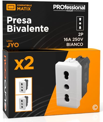 Presa Elettrica Italiana 2P+T Bivalente 10/16A 250V Compatibile con BTicino Matix Presa di Corrente Bipasso Pluristandard da Muro Frutti Elettrici Colore Bianco - Confezione da 2