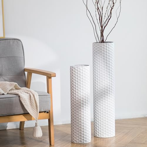 Sziqiqi White Large Tall Vases: 70/55 cm Set of 2 Metal Cylinder Handmade Flower Holder Modern Tall Floor Vase for Living Room Dining Bedroom Home Corner Hallway Office