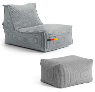 mokebo Sitzsack mit Hocker aus Cord 'Der Gelassene' Made in Germany, Bean Bag, Relaxliege, Bodenkissen mit EPS-Perlen Füllung, kuschelige und gemütliche Liege für Wohnzimmer und Wintergarten in Grau