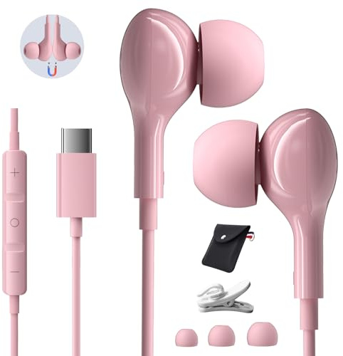 USB C Kopfhörer für iPhone 15 16 17 Pro Max Air Stereo USBC Headset In-Ear Kopfhörer mit Kabel USB C für Samsung Galaxy S26 S25 S24 S23 Ultra S22 A55 A56 A54 A16 5G Pixel 8 7a Xiaomi 15 Rosa