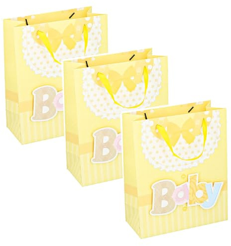 Murago - 3er Set Geschenktaschen  Baby  ca.32x26x12cm - Gelb - Geschenktüten Babyparty Neugeborenes Gastgeschenke Shower Deko Gender Reveal